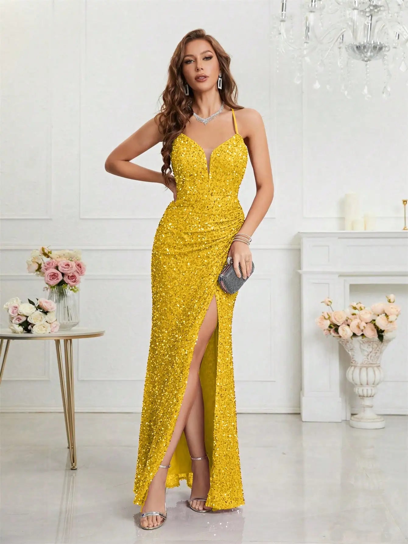 Bodycon Halter Neck Ruched Waist Sequined Formal  Cami Women's Dress