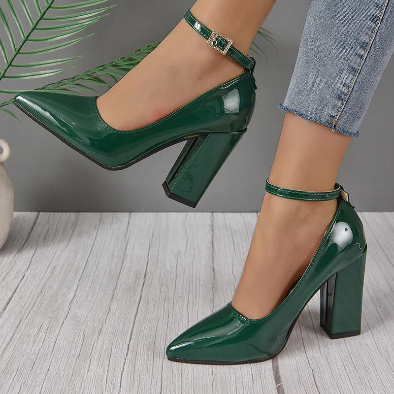 Super High Heel Ankle Strap Pumps Women’s Shoes Pointed Toe Leather