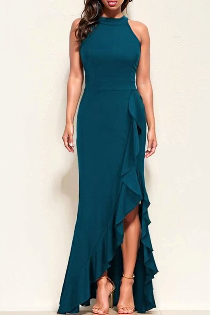 Women's Sexy Sleeveless Ruffle High Split Party Evening Long Formal