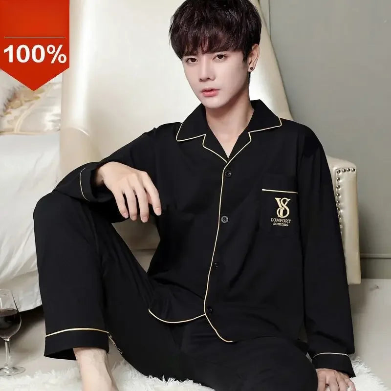 Men's Cotton Pajama Set, Lightweight Long Sleeve Casual Cardigan Suit
