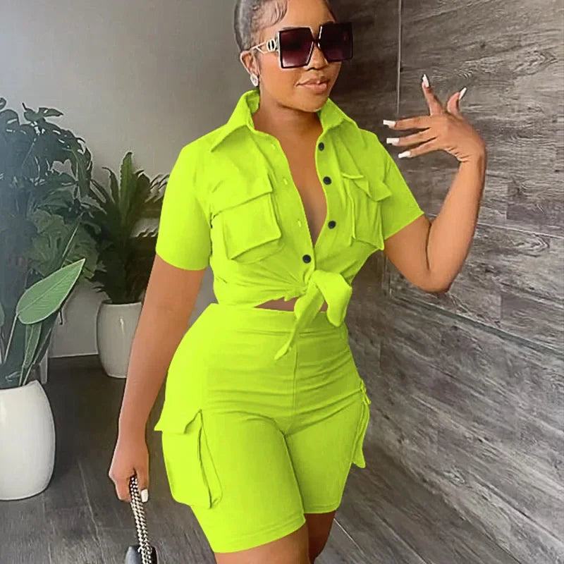 Button-Up Shirt Top Short Matching Streetwear Two Piece Set for Women