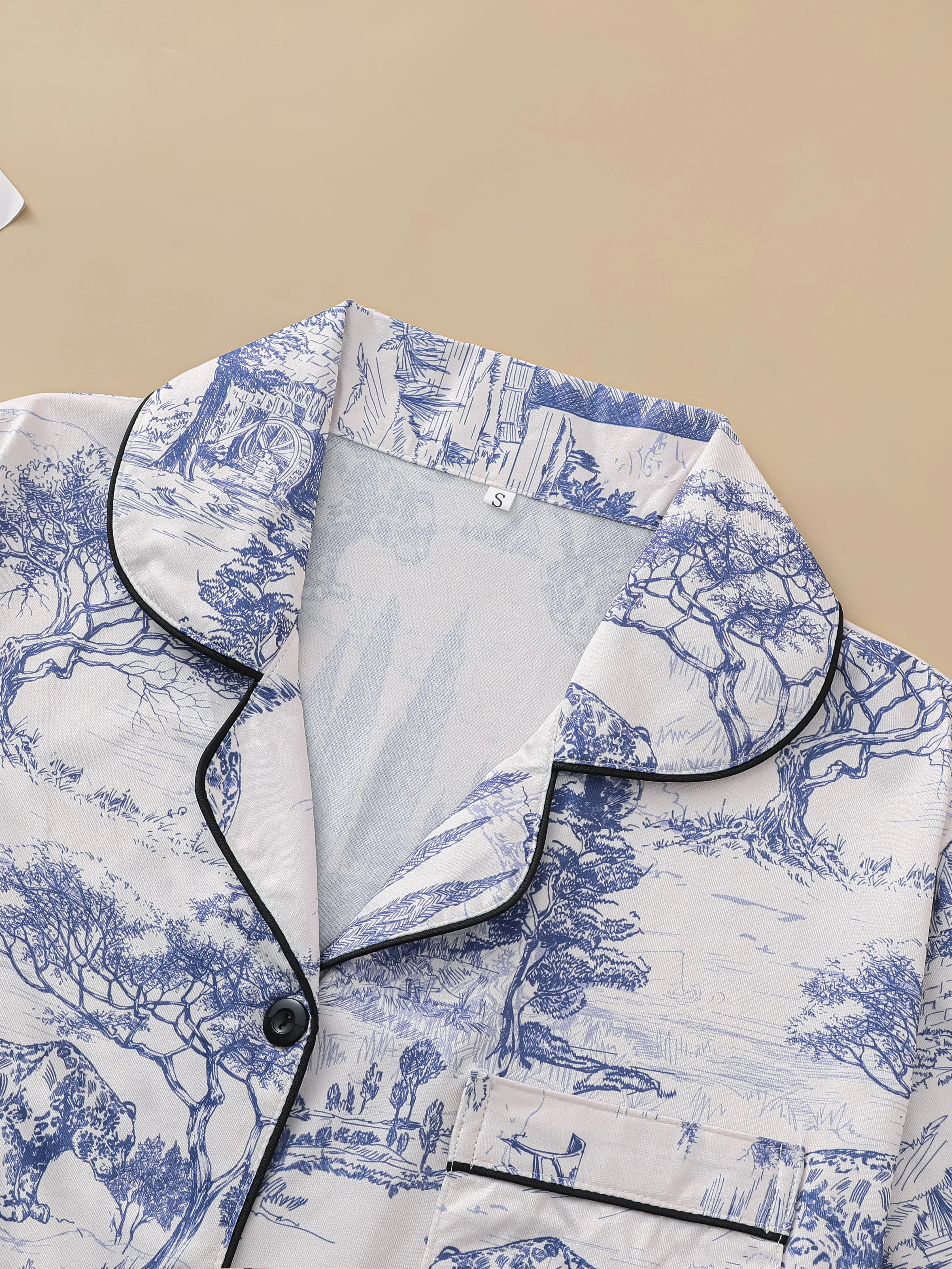 Pajama set, comfortable short-sleeved lapel top loungewear for women