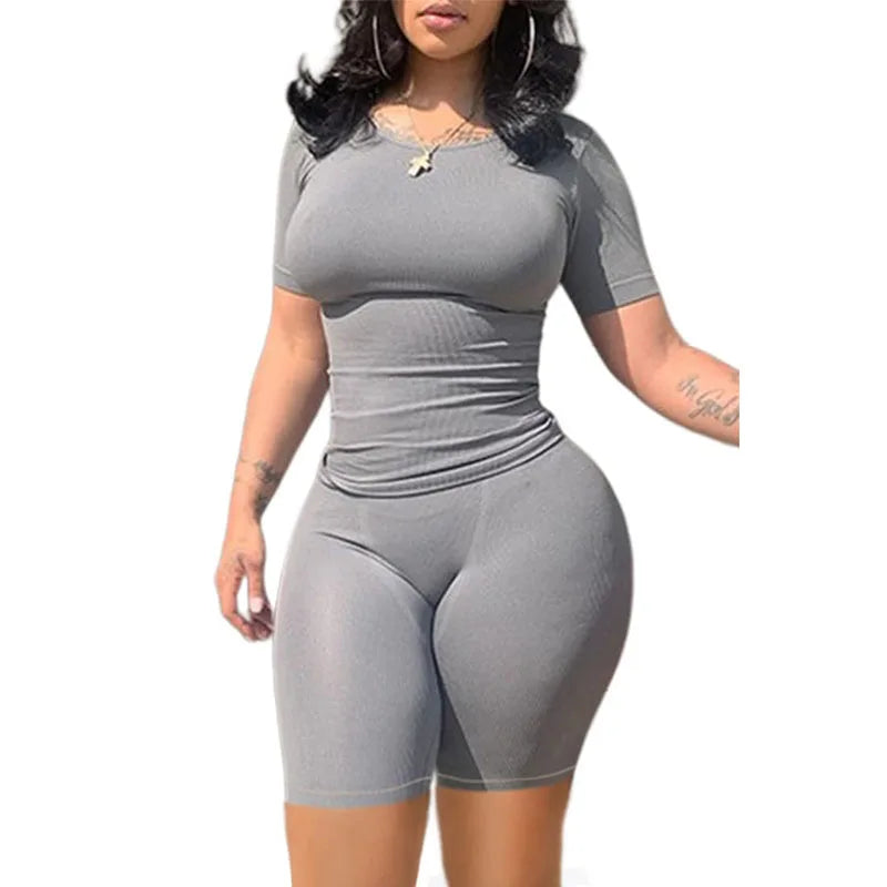 Lounge Wear Ribbed Casual 2 Piece Shorts Elastic Outfits Set For Women