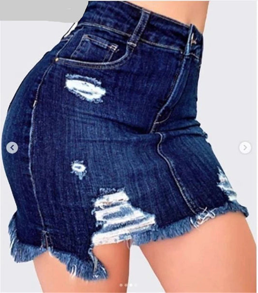 Women Fashion Denim Skirt Ripped Hip Distressed High Waist Jeans