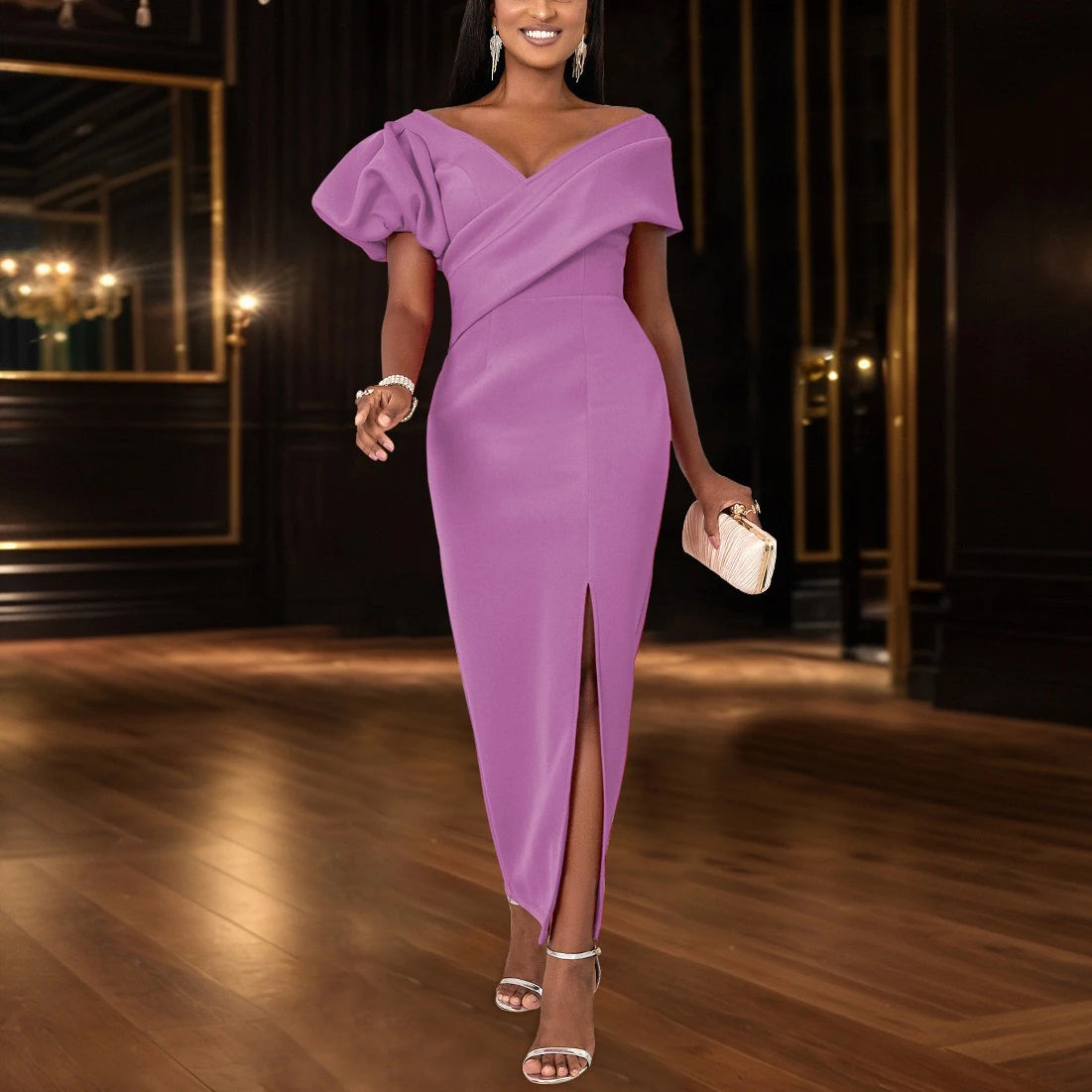 Sexy Bodycon Dresses for Women V Neck Side Split Ankle Length Fashion