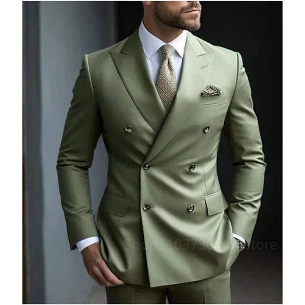 Men's Suit Set Fashion Groom Peak Lapel Double Breasted Blazer Trouser