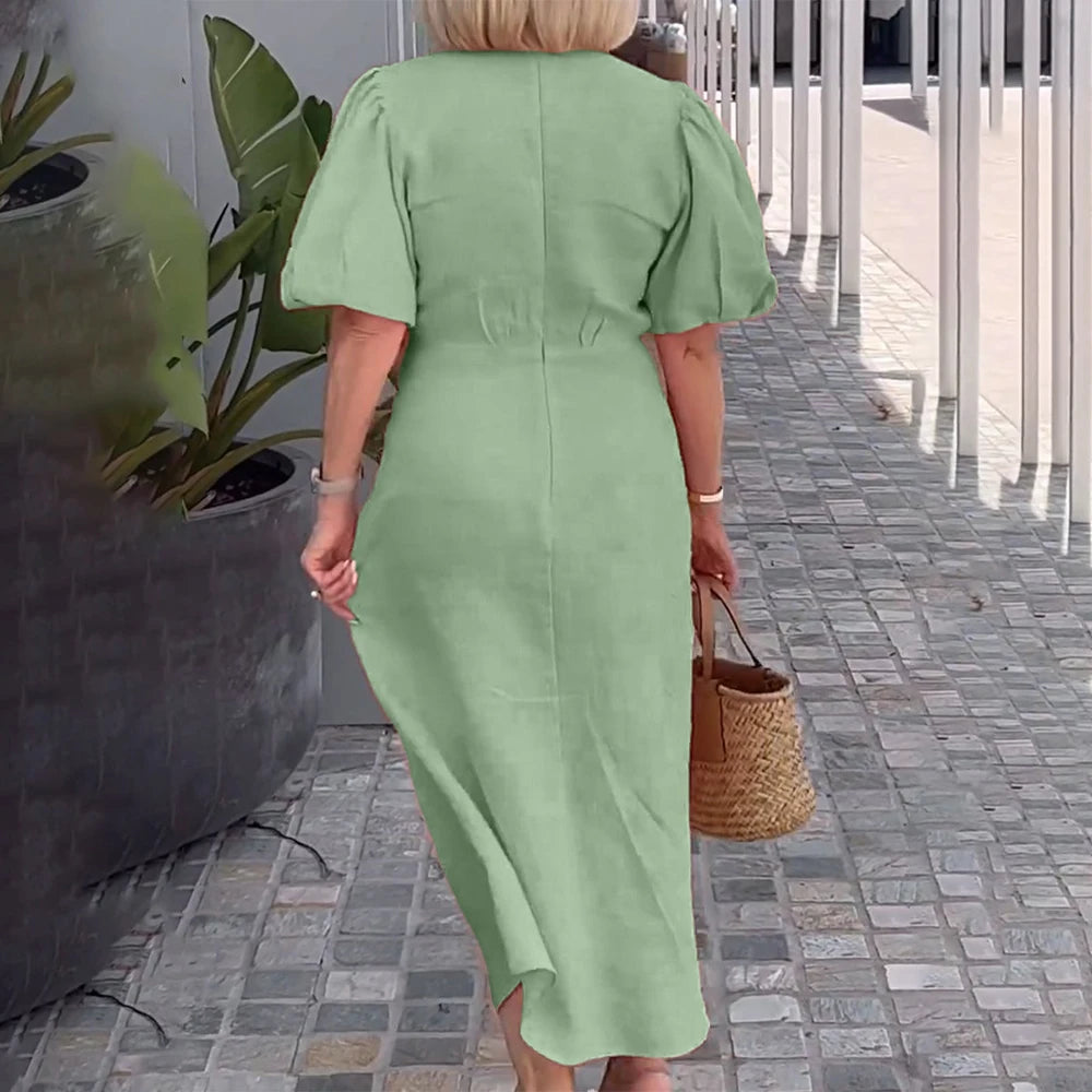 Plus Size Women's Solid Elegant V-Neck Lace-Up Puff Sleeve Maxi Dress