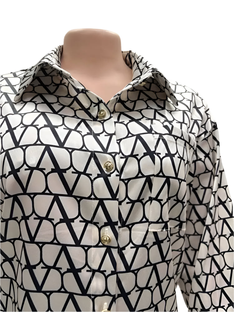 Women's Hipster 2 Piece Sets Lapel Full Sleeve Blouse & Wide Leg Pant