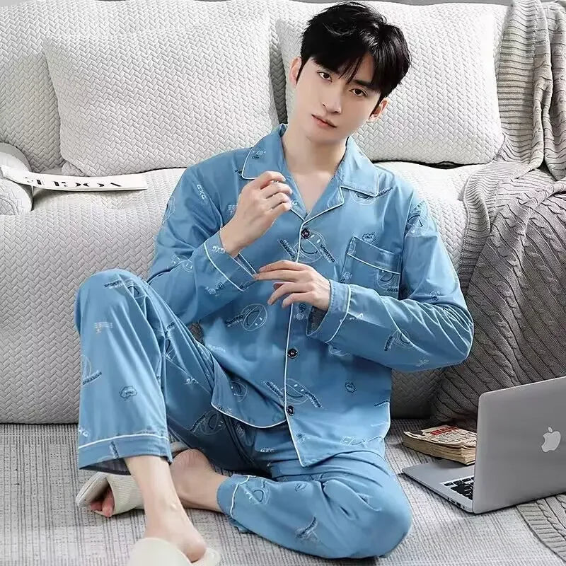 Men's Cotton Pajama Set, Lightweight Long Sleeve Casual Cardigan Suit