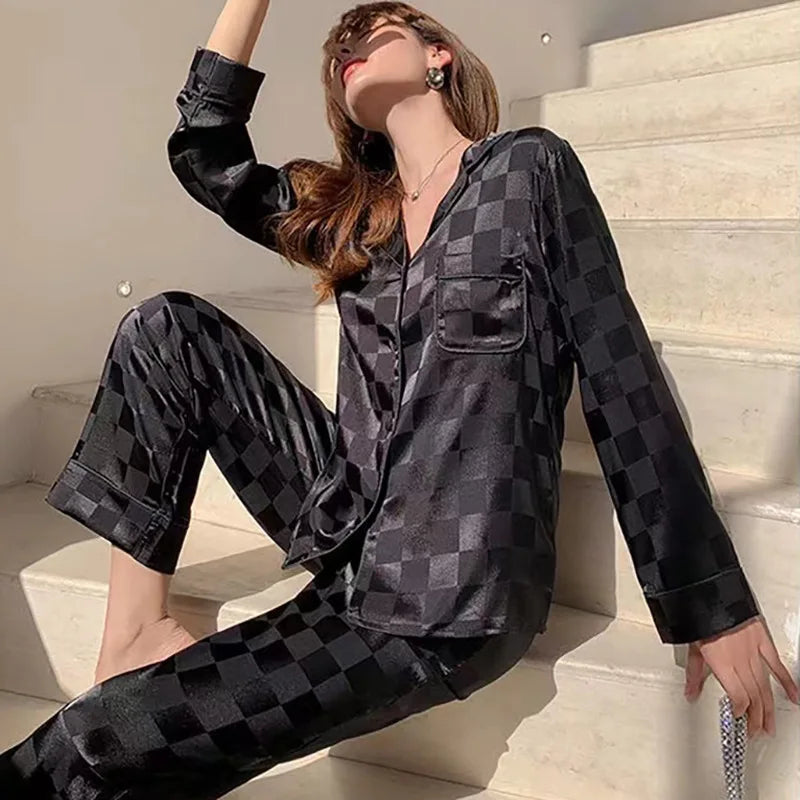 Women's Home wear Set Summer Long-Sleeved Pants Plaid Pajama Set