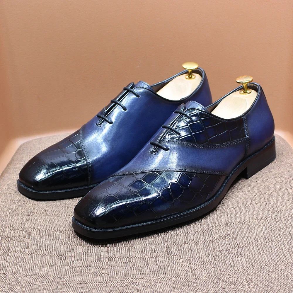 Fashion Mens Oxford Crocodile Pattern Cow Patent Leather Lace Up Formal Dress Shoes