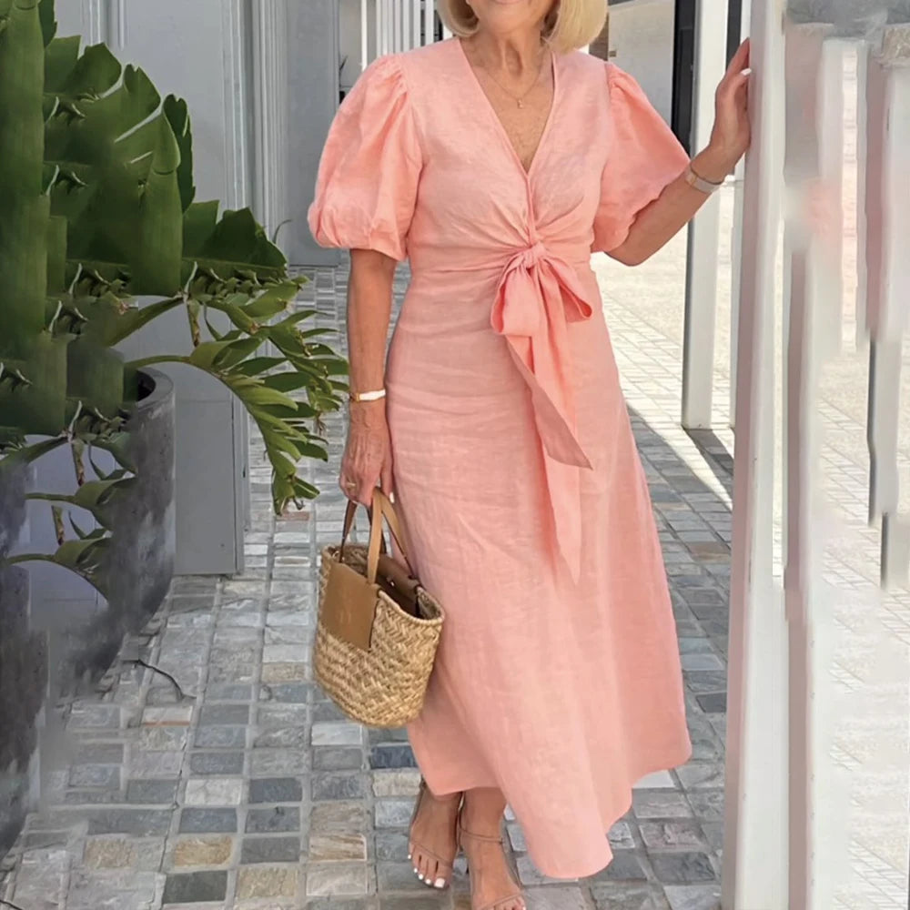 Plus Size Women's Solid Elegant V-Neck Lace-Up Puff Sleeve Maxi Dress
