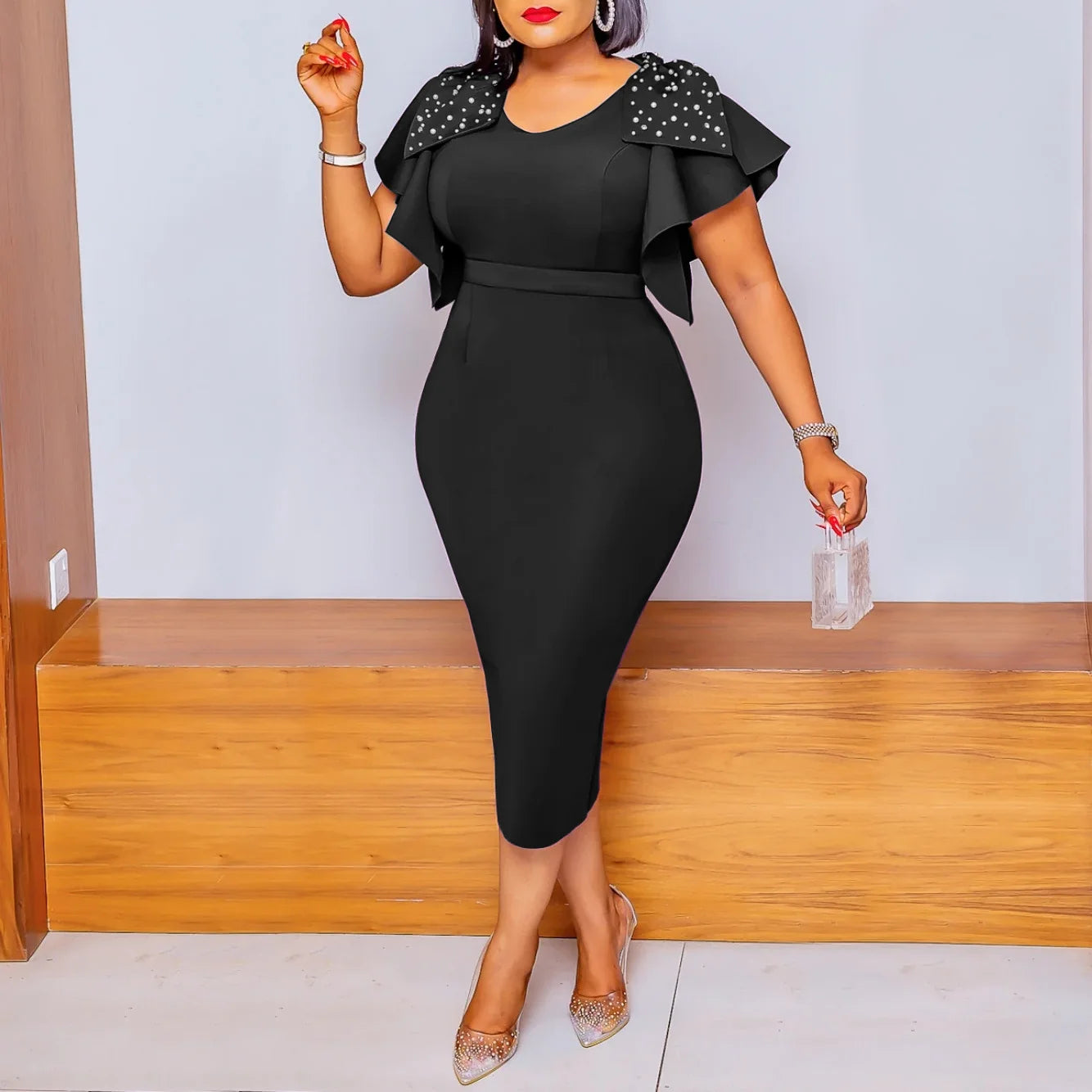 Women Leaf Edge High Waist Trendy Zipper Closure Short Sleeve Dress