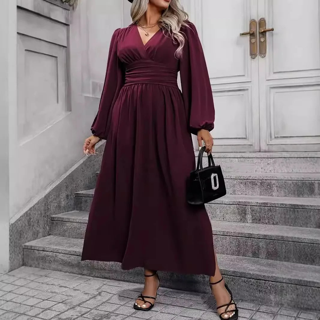 Plus Size Women's Elegant Long Dress V Neck High Waist  Long Sleeve