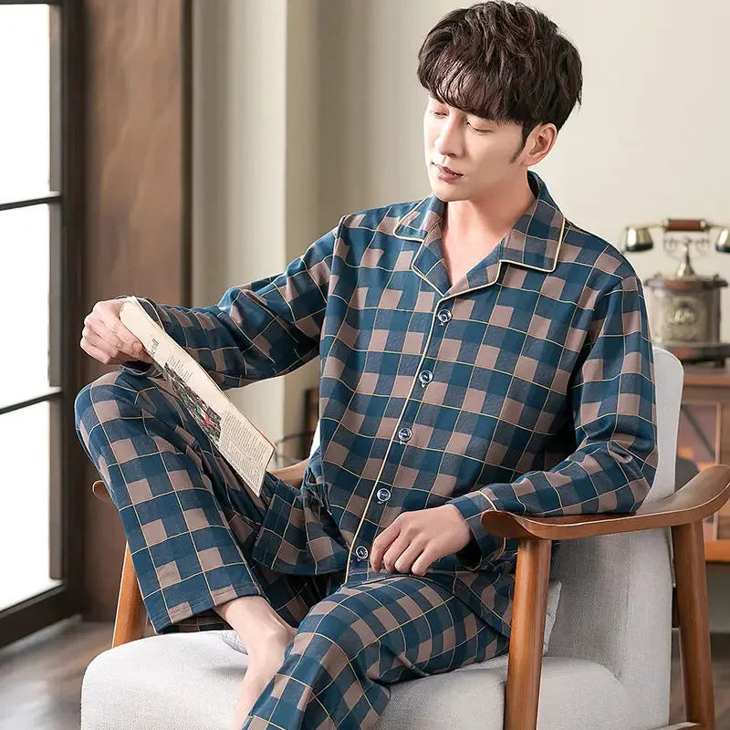 Men's Cotton Pajama Set, Lightweight Long Sleeve Casual Cardigan Suit
