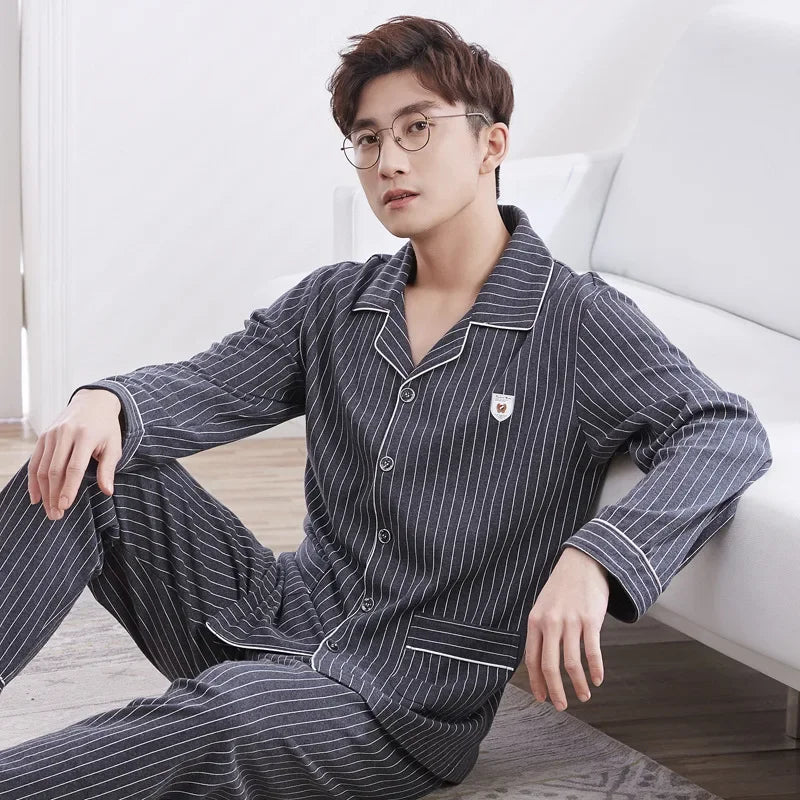 Men's Cotton Pajama Set, Lightweight Long Sleeve Casual Cardigan Suit