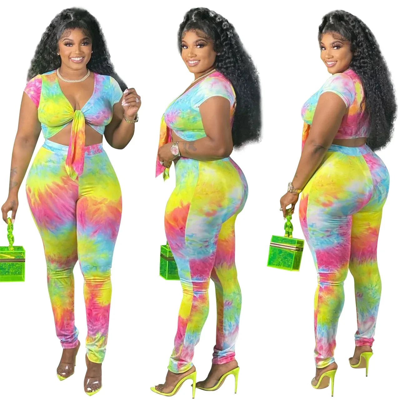 Plus Size Women's Fashion Tie Dye Gradient Print Two Piece Set Sexy Knot