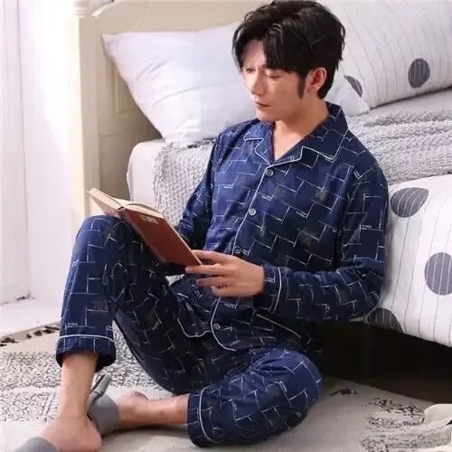 Men's Cotton Pajama Set, Lightweight Long Sleeve Casual Cardigan Suit