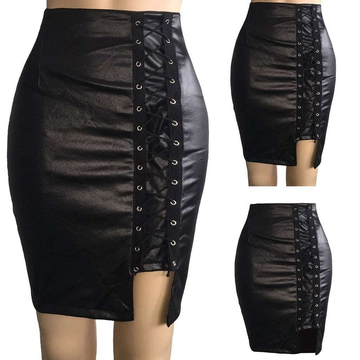 Ladies High Waist Bandage Split Sexy Hip Leather Skirt