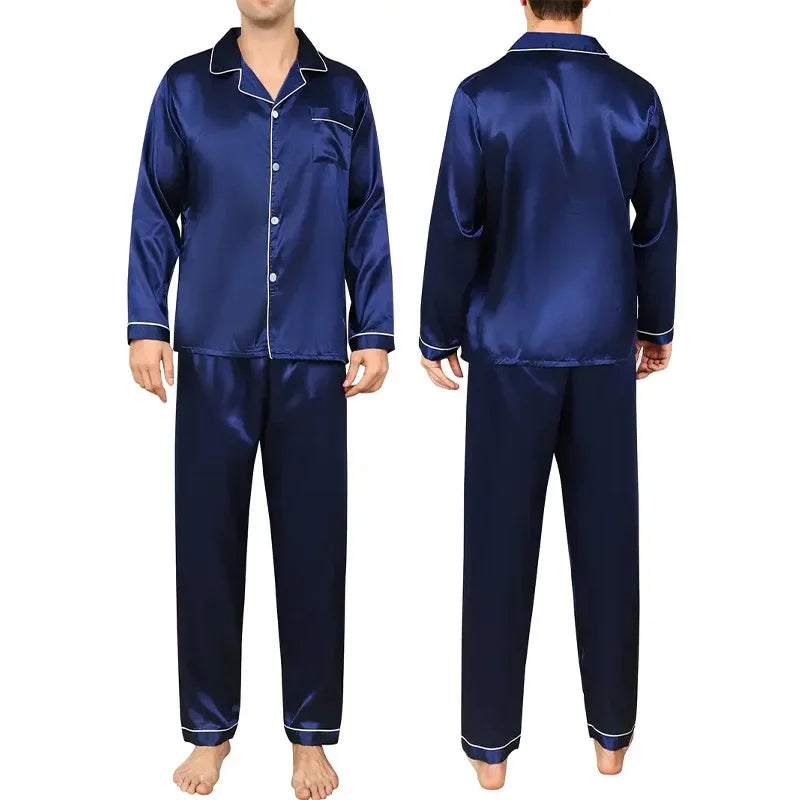 Navy satin pajama set shown from front and back on a white background