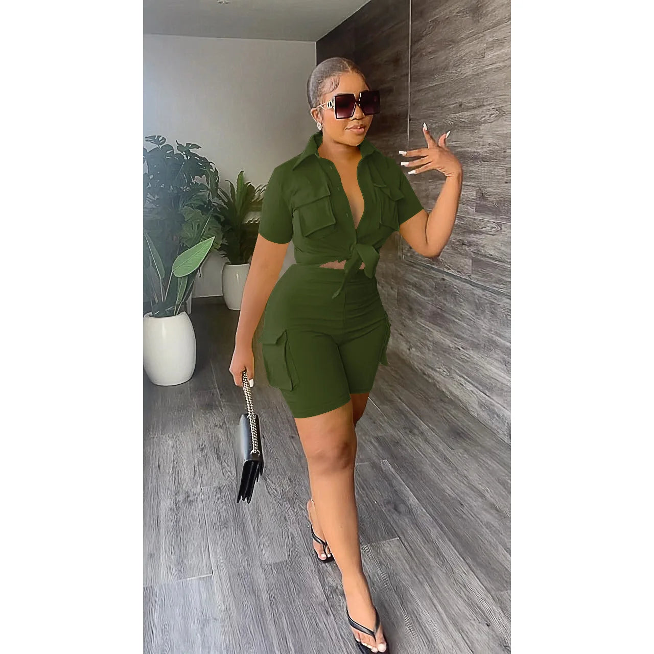 Button-Up Shirt Top Short Matching Streetwear Two Piece Set for Women