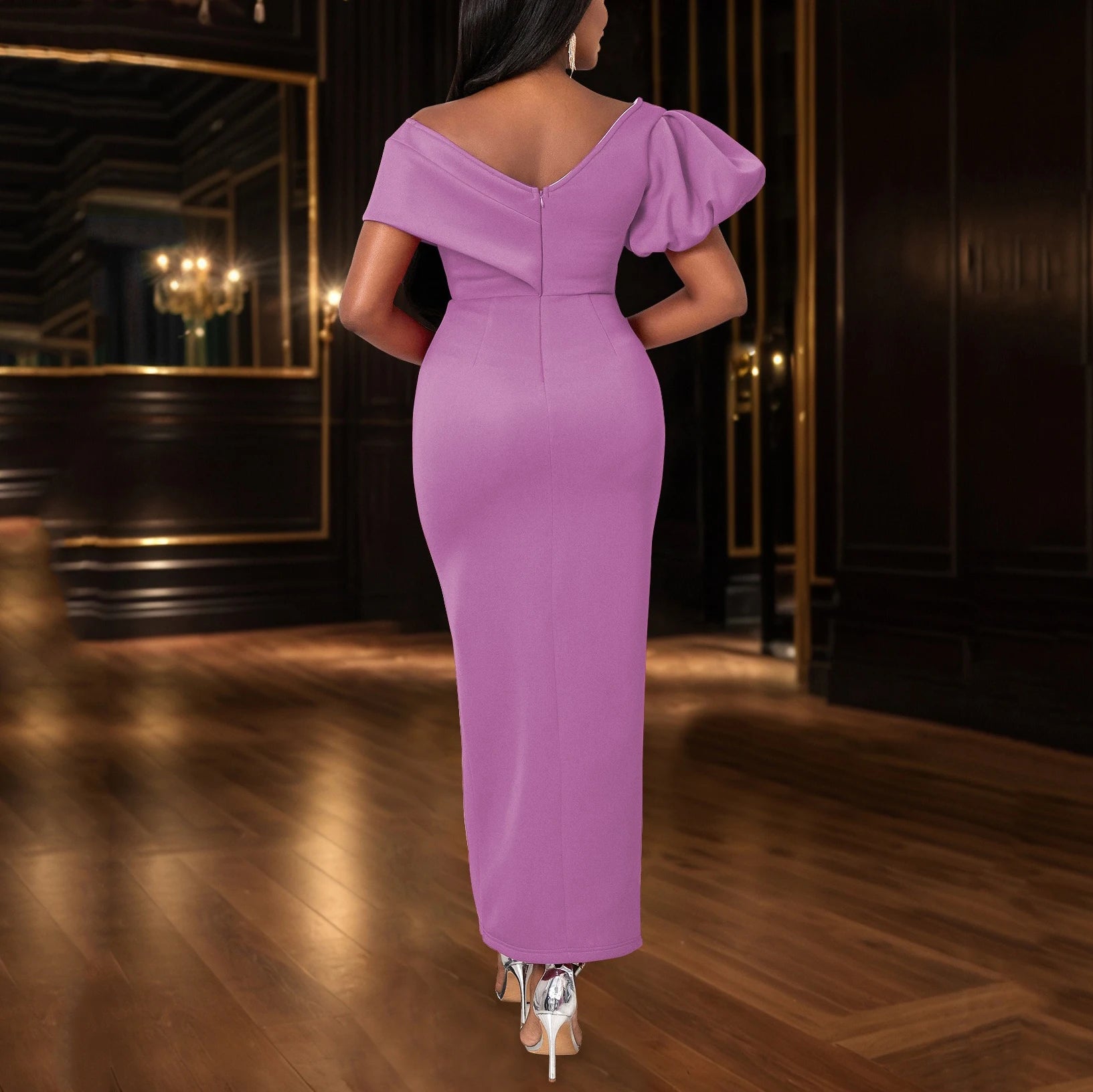 Sexy Bodycon Dresses for Women V Neck Side Split Ankle Length Fashion
