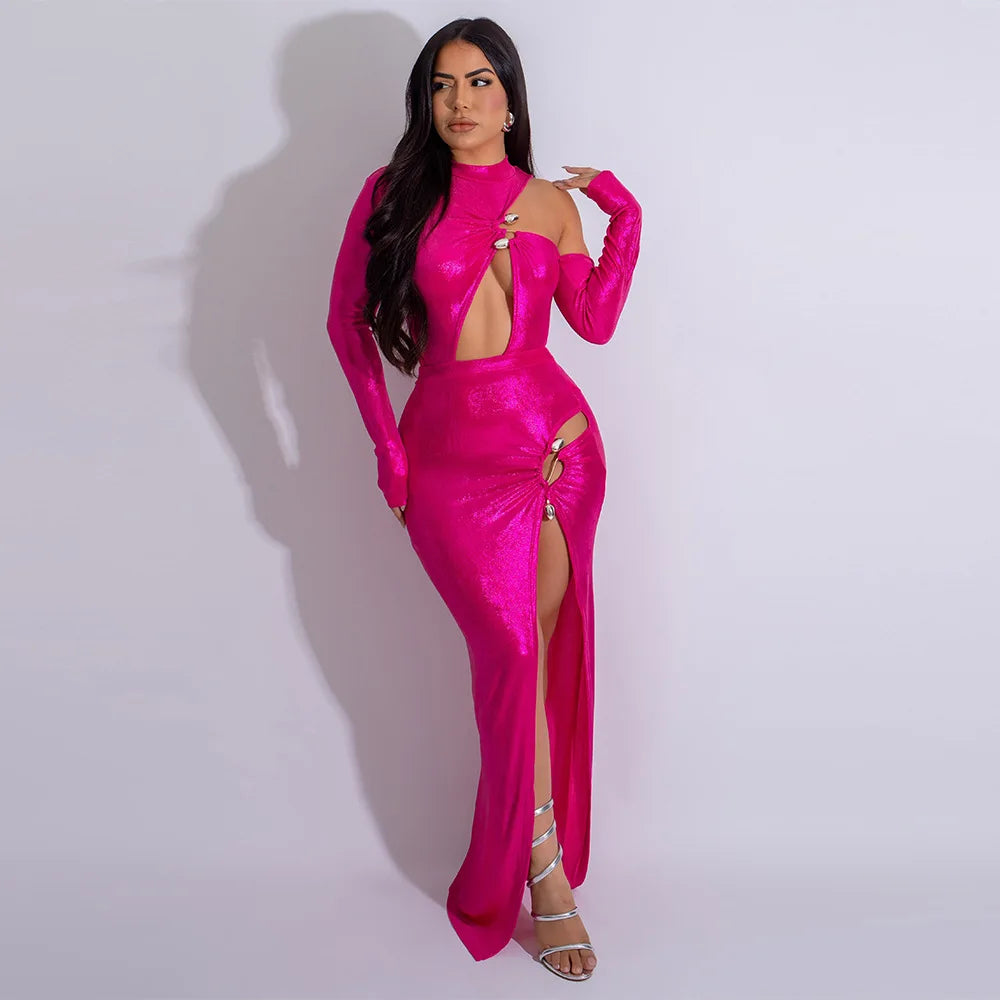 Women Cutout Shoulder High Side Split Gilding Midi Maxi Long Dress