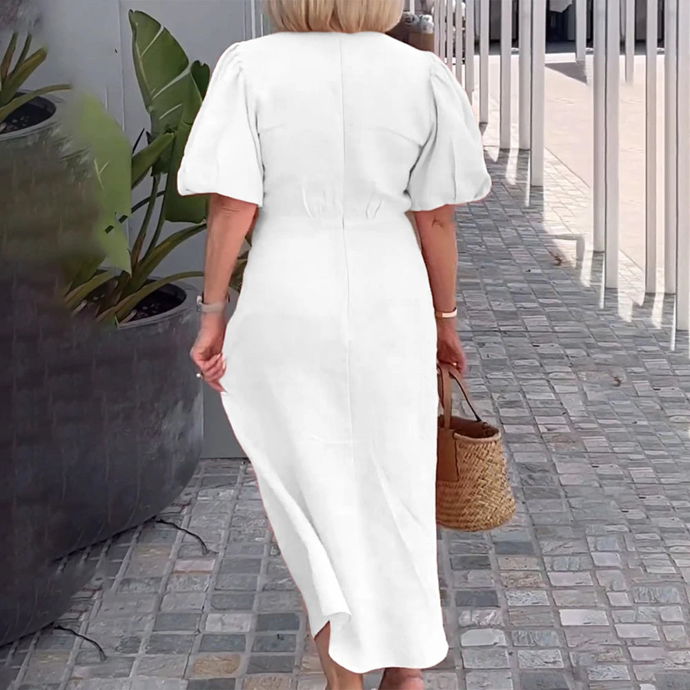 Plus Size Women's Solid Elegant V-Neck Lace-Up Puff Sleeve Maxi Dress