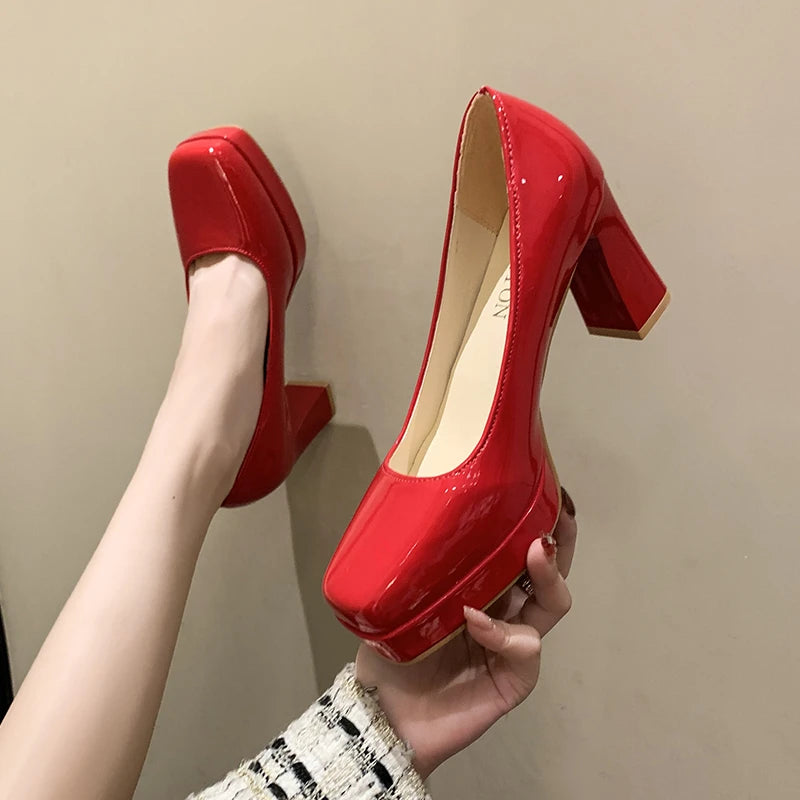Women’s Fashion Shoes: Square-Toe Patent Leather  Platform Pumps