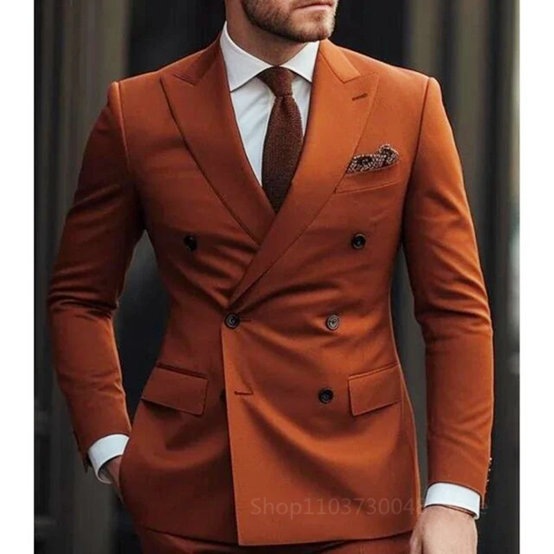 Men's Suit Set Fashion Groom Peak Lapel Double Breasted Blazer Trouser