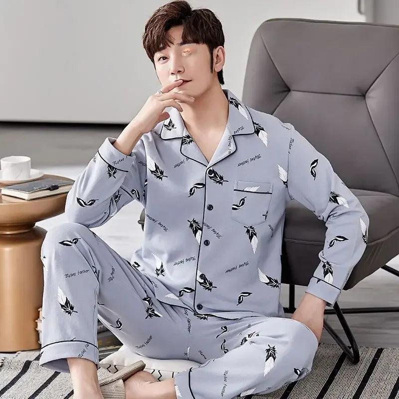 Men's Cotton Pajama Set, Lightweight Long Sleeve Casual Cardigan Suit