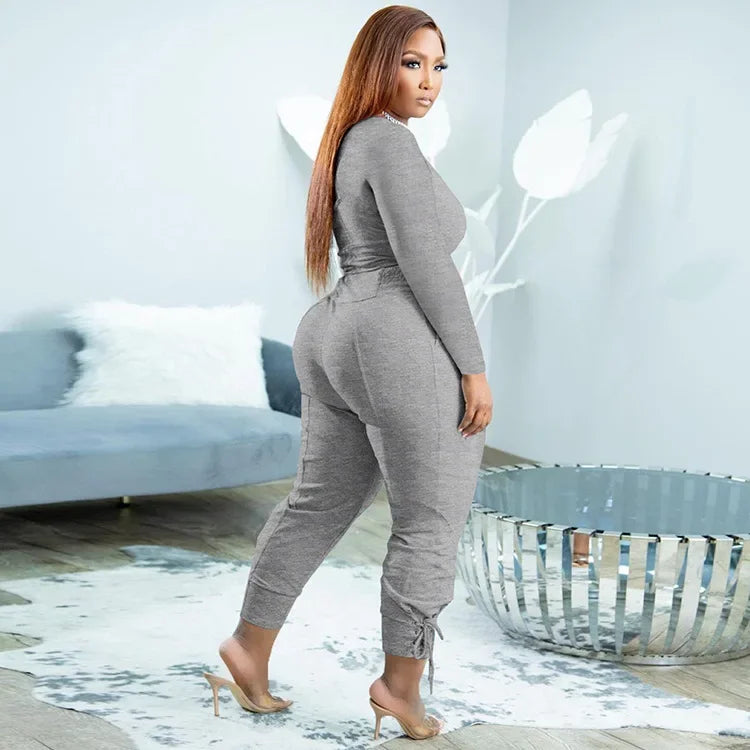 Plus Size Sexy Loose Fit Casual 2-Piece Set for Women V-Neck Pantsuit