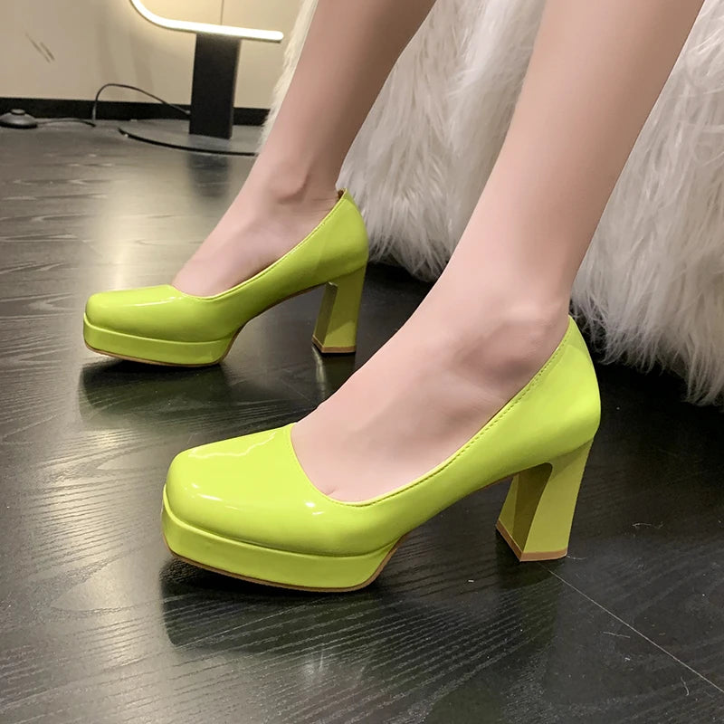 Women’s Fashion Shoes: Square-Toe Patent Leather  Platform Pumps