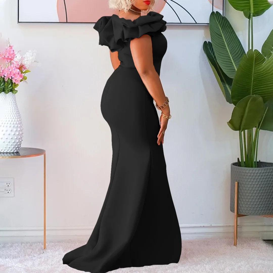 Elegant Off Shoulder Short Sleeve Ruffles Mermaid Long Dress for Women