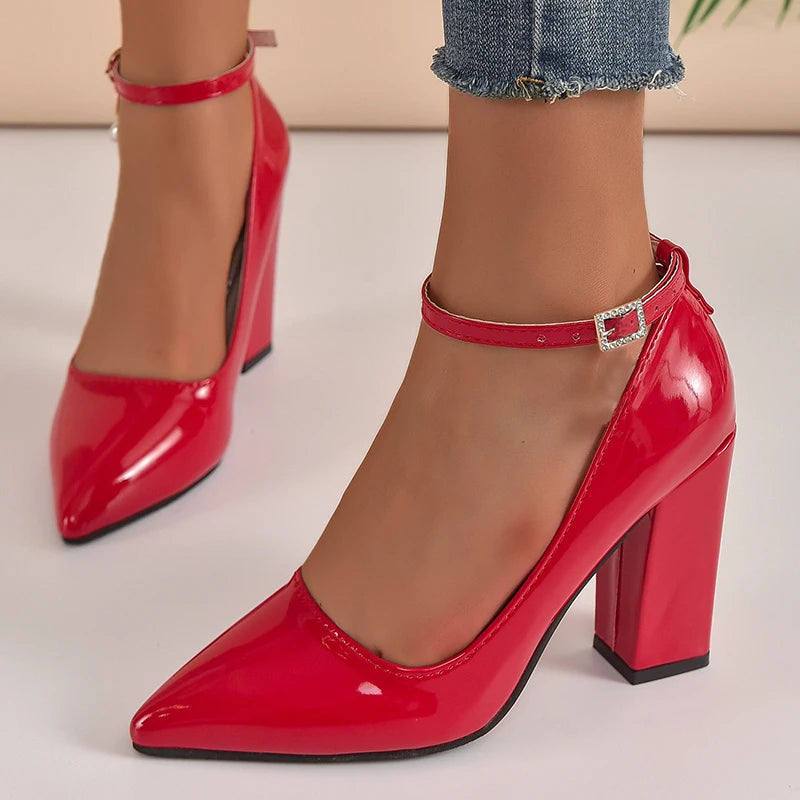 Super High Heel Ankle Strap Pumps Women’s Shoes Pointed Toe Leather