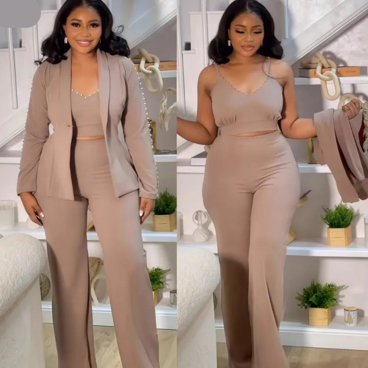 Elegant Pearl Patchwork 3 Pieces Set for Women Long Sleeves Coat vest