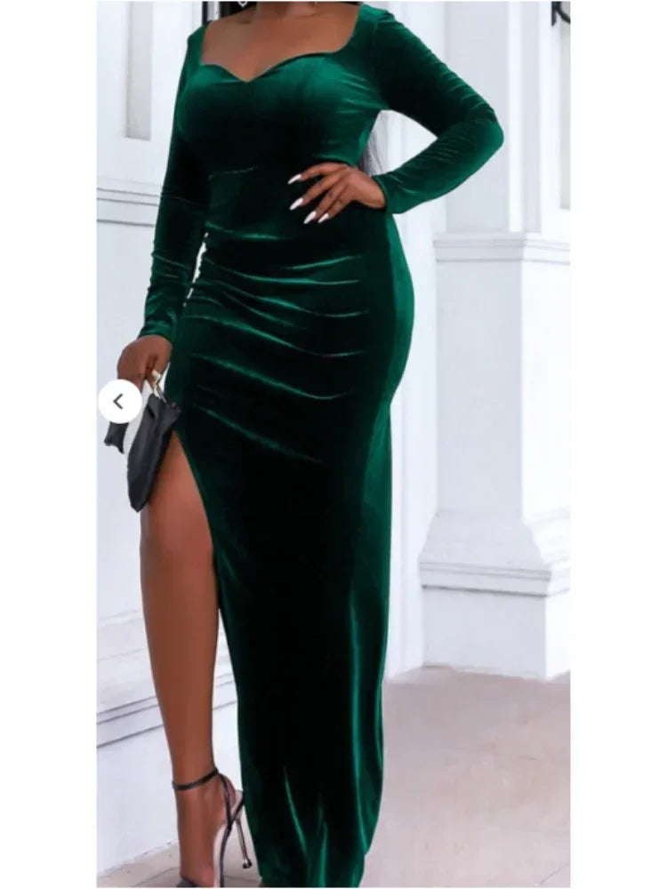 Women's Velvet Vintage High Split Elegant Dress Sexy Bodycon