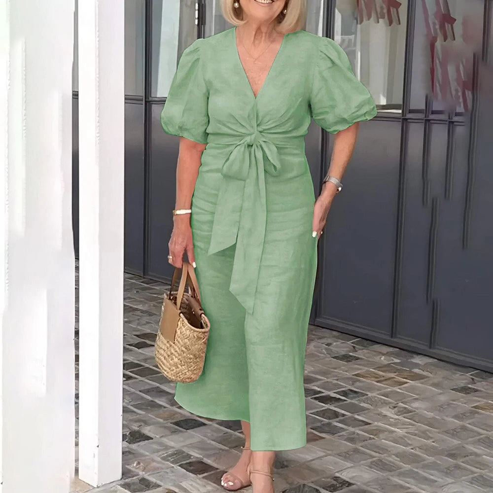 Plus Size Women's Solid Elegant V-Neck Lace-Up Puff Sleeve Maxi Dress