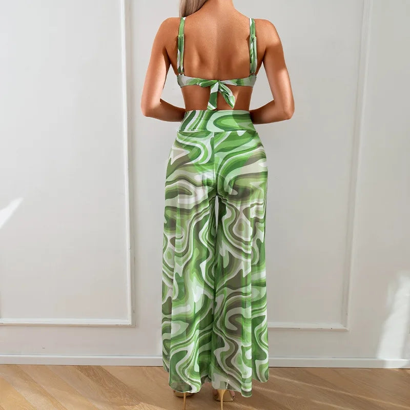 Bikinis Sets 3 Pieces Swimsuit Slit Pants Cover Ups Stripe Swimwear