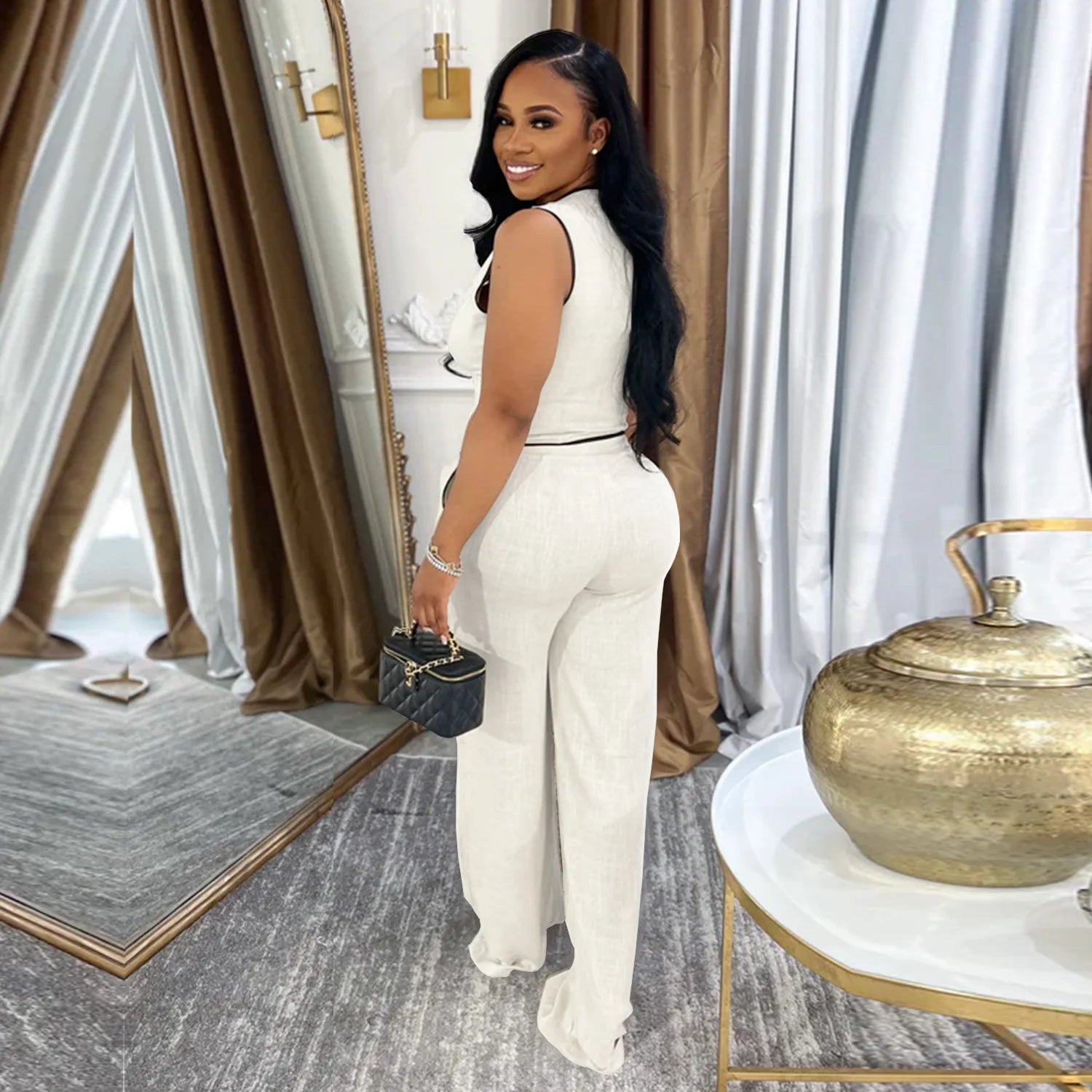 Fashion Women's Strapless Vest Tops and Wide Leg Pants Two 2-Piece Set