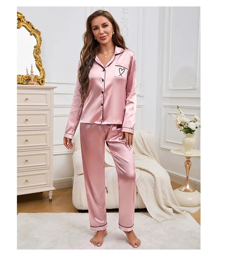 Chic Pajama Embroidery Long Sleeve Tops with Long Pants Outfit Set