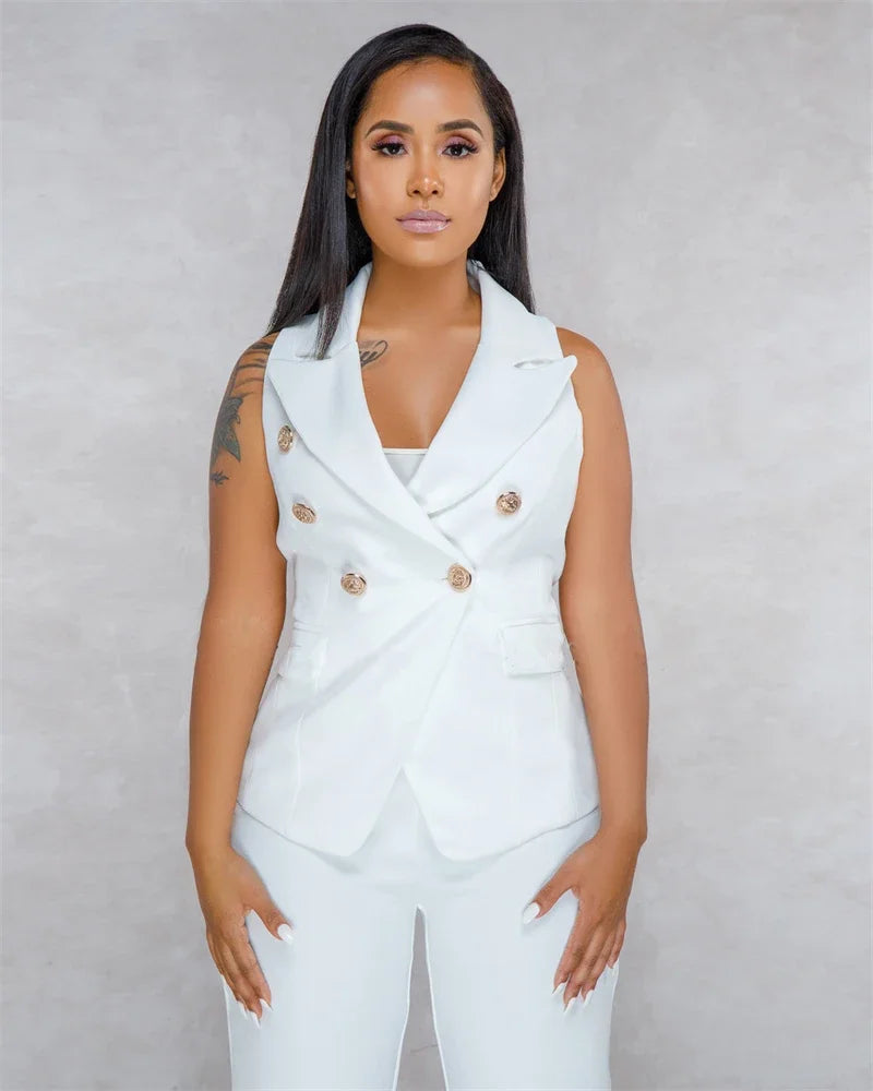 Women's Set Elegant Sleeveless Blazer Top + Pencil Pants Matching Sets