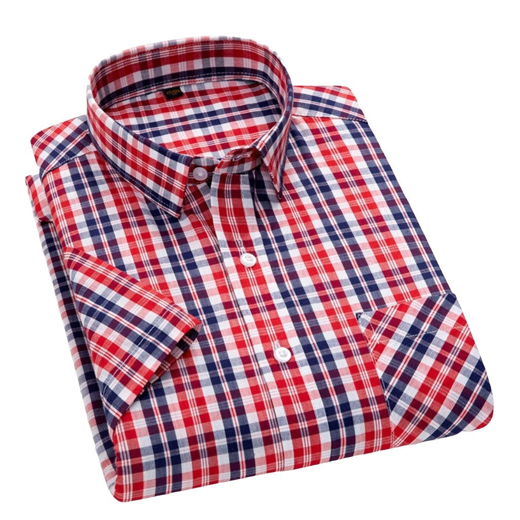 Men Button Up Short Sleeves Casual Cotton Plaid Gingham Dress Shirt