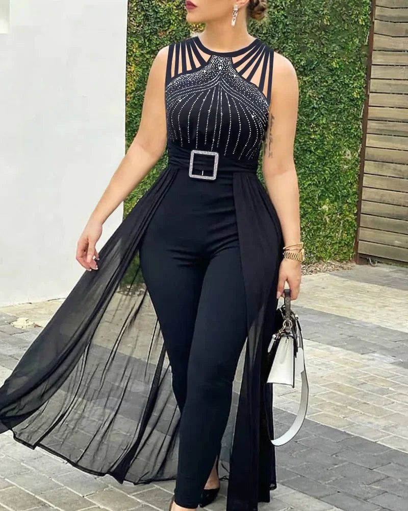 Women's Round Neck Rhinestone Sheer Mesh Sleeveless Rompers Jumpsuit