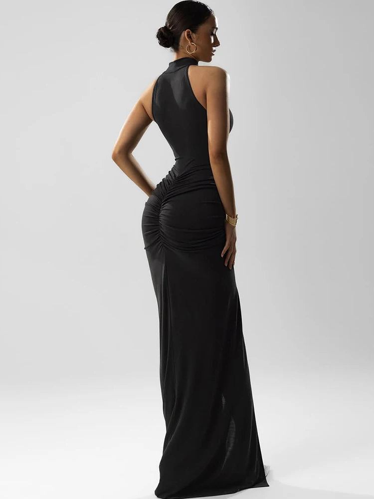 Women Halter Pleated Solid Slim Sexy Fashion Slit Peach Buttocks Dress