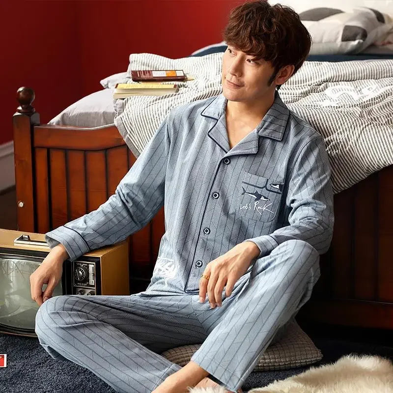 Men's Cotton Pajama Set, Lightweight Long Sleeve Casual Cardigan Suit