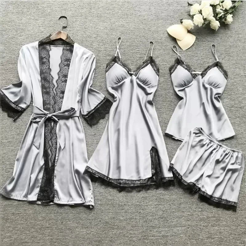 4 Pieces Women's Sexy Lace Pajamas V-Neck Gown Comfort With Chest Pads