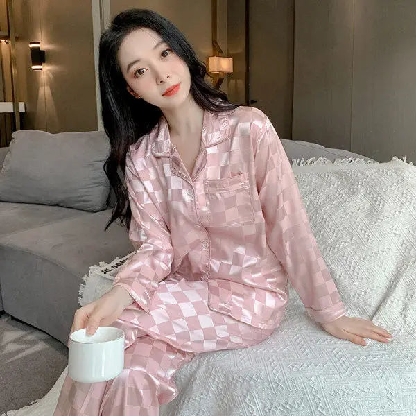 Women's Home wear Set Summer Long-Sleeved Pants Plaid Pajama Set
