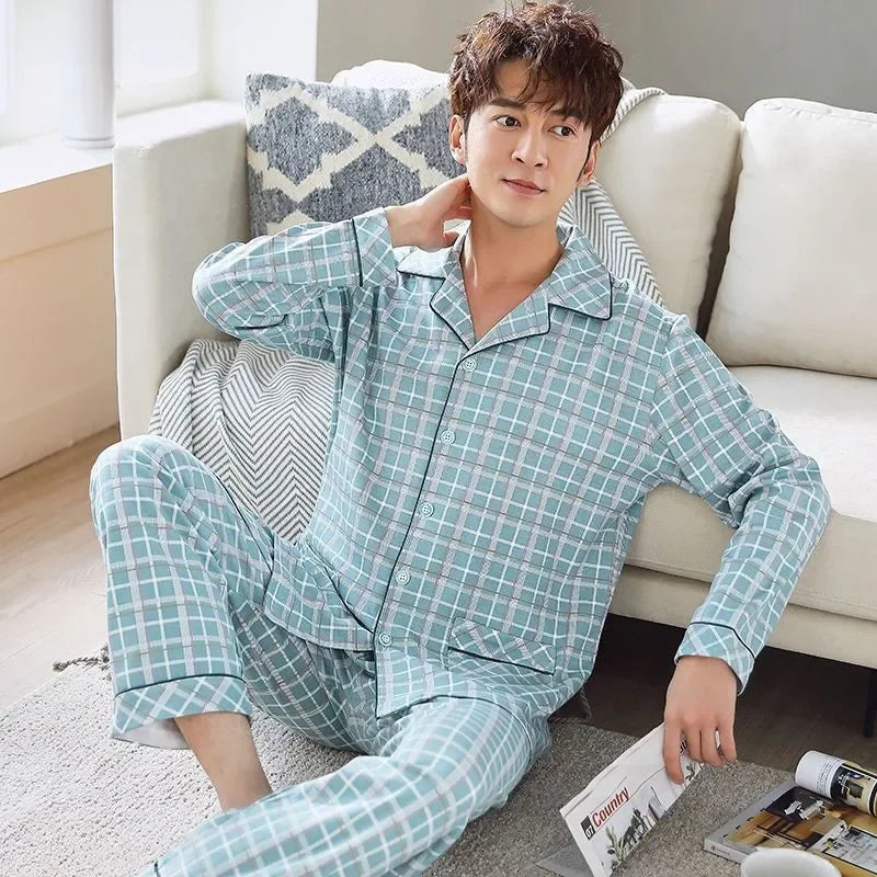 Men's Cotton Pajama Set, Lightweight Long Sleeve Casual Cardigan Suit