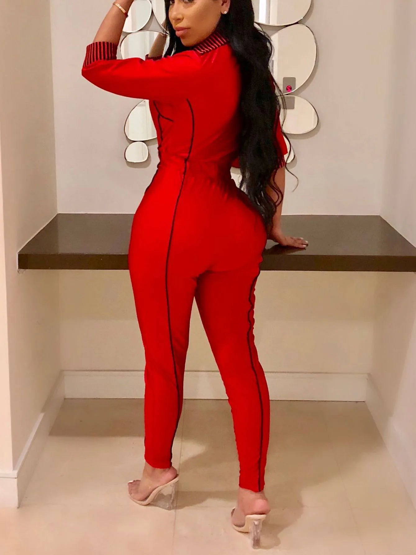 Zipper 3/4 Sleeve Skinny Jumpsuit, Sports Long Sexy Women's Clothing